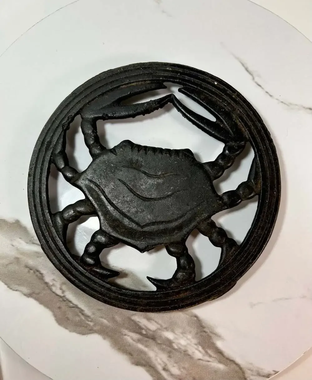 Vintage Black Cast Iron Crab Trivet Round